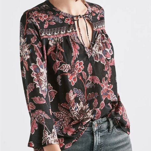 Lucky Brand Bohemian Blouse Black & Floral Tie Top Bell Cuff Sleeve size 3X - Picture 1 of 16